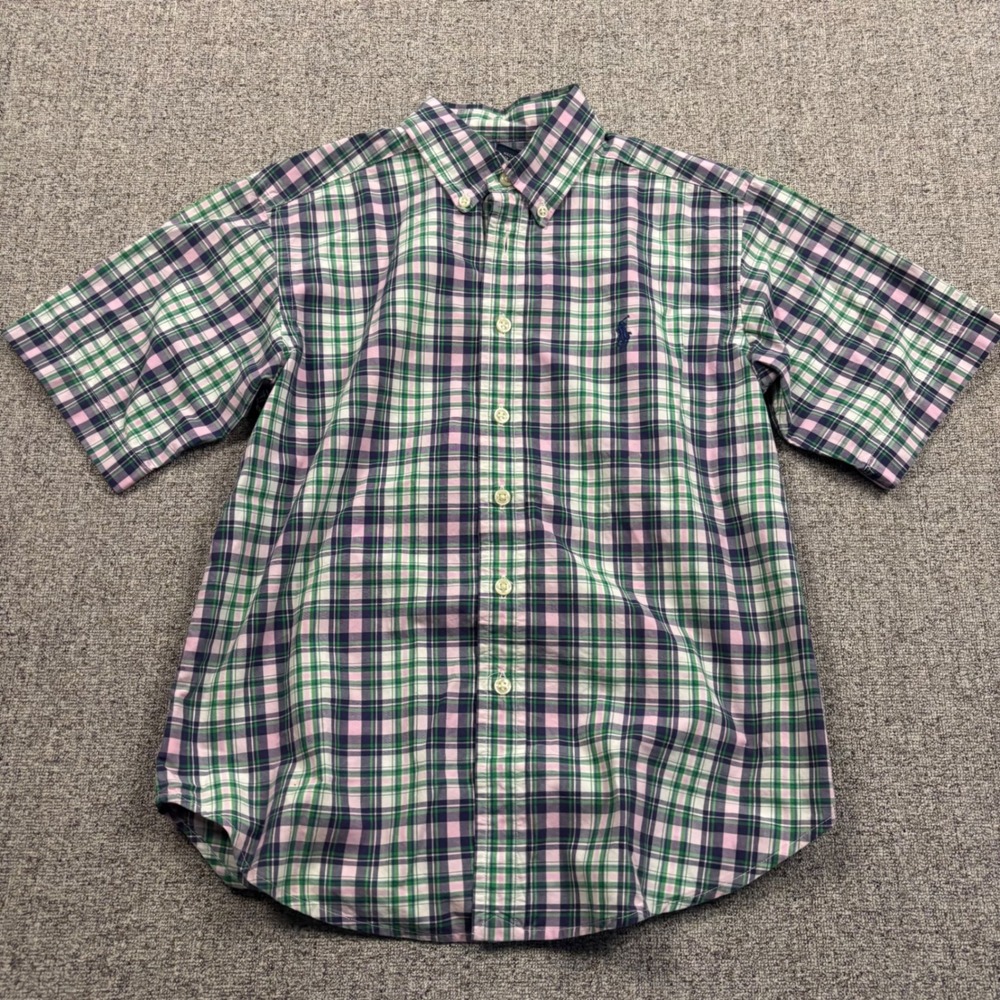 Ralph‎ Lauren Shirt Kids S 8/10 Green Pink Plaid Button Down Short Sleeve